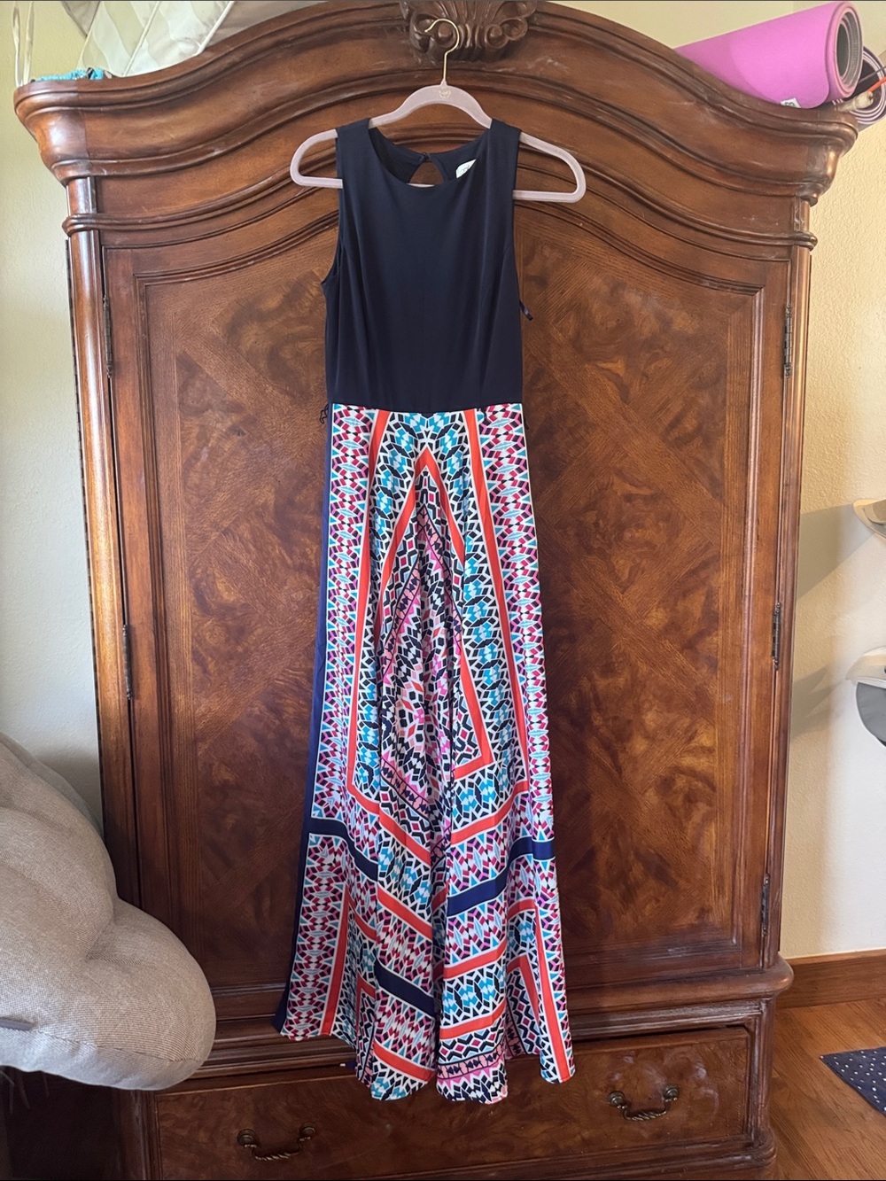 Eliza J Navy Bodice Maxi Dress with Coral, Teal & Navy Geo Print Skirt size 6